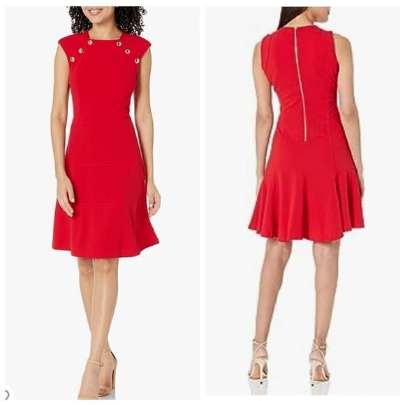 TOMMY HILFIGER Womens Red  Knee Length Party Fit + Flare Dress New 4 - Picture 1 of 15
